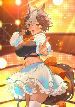 1boy absurdres alternate_costume animal_ears black_shirt brown_eyes brown_fur brown_hair commentary commission crop_top cropped_jacket english_commentary hair_between_eyes highres holding holding_microphone horse_ears horse_girl horse_tail idol jacket long_sleeves looking_at_viewer microphone multicolored_hair music open_mouth orange_shoes ruu_hh second-party_source shirt shoes short_hair singing skeb_commission skirt smile socks solo stage standing standing_on_one_leg tail thighhighs tomoe_umari v-dere virtual_youtuber white_jacket white_skirt white_socks white_thighhighs