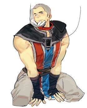 1boy animal_collar bandaged_hand bandages belt blush brown_belt buzz_cut caress chinese_clothes closed_mouth collar disembodied_hand embarrassed enopth1102 grey_pants hands_on_ground kneeling kung_lao male_focus mortal_kombat_(series) muscular muscular_male one_eye_closed pants pet_play short_hair simple_background sleeveless solo very_short_hair white_background