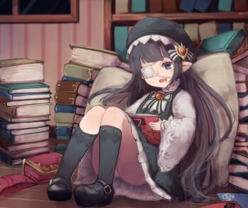 1girl black_hair black_hat black_shoes black_socks book book_stack bookshelf commentary_request eyepatch granblue_fantasy harvin hat heart heart-shaped_pupils holding holding_book kneehighs long_hair long_sleeves lunalu_(granblue_fantasy) makihitsuji medical_eyepatch open_book panties pantyshot pointy_ears reading shoes sidelocks socks solo symbol-shaped_pupils underwear window