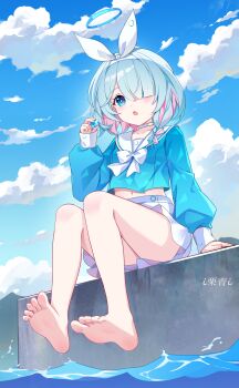 +_+ 1girl absurdres aqua_hair arona_(blue_archive) artist_name barefoot blue_archive blue_eyes blue_halo blue_shirt blue_sky blush bow bow_hairband bowtie braid breasts chinese_commentary choker cloud cloudy_sky collarbone colored_inner_hair commentary_request day feet full_body gem glint hair_ornament hair_over_one_eye hairband halo hand_up highres holding holding_gem i_liqing_i legs long_sleeves looking_at_viewer midriff miniskirt multicolored_hair navel open_mouth outdoors pink_hair pleated_skirt puffy_long_sleeves puffy_sleeves pyroxene_(blue_archive) sailor_collar school_uniform serafuku shirt short_hair side_braid single_braid sitting skirt sky small_breasts soles solo sparkle toes two-tone_hair water white_bow white_bowtie white_choker white_hairband white_sailor_collar white_skirt