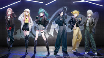 1boy 5girls bag baggy_pants belt black-framed_eyewear black_bag black_belt black_boots black_hair black_jacket black_shirt black_shoes black_skirt blonde_hair blue_eyes blush bob_cut boots breasts brown_hair brown_jacket bukurote closed_mouth collarbone commentary_request copyright_notice gradient_hair graffiti green_eyes green_hair green_nails green_pants grey_eyes grey_hair grey_pants grey_skirt group_name guest_art hand_in_pocket hand_on_own_hip hand_up handbag hands_in_pockets hatsune_miku high_ponytail highres hinomori_shiho holding holding_bag holding_removed_eyewear holding_strap hood hood_down hood_up hooded_jacket hoshino_ichika_(project_sekai) jacket kagamine_len lace-up_boots lapels leather leather_jacket leo/need_(project_sekai) leo/need_len leo/need_miku long_hair long_skirt long_sleeves looking_at_viewer midriff_peek miniskirt mochizuki_honami multicolored_hair multiple_girls nail_polish notched_lapels official_alternate_costume official_alternate_hair_length official_alternate_hairstyle official_art pants pants_rolled_up parted_bangs parted_lips pink_eyes pink_hair pleated_skirt ponytail project_sekai red_bag red_streaks second-party_source shirt shirt_tucked_in shoes short_hair short_ponytail shoulder_bag sidelocks skirt sleeves_past_wrists smile standing straight_hair streaked_hair tenma_saki thigh_boots thigh_strap tinted_eyewear unworn_eyewear vocaloid white_bag white_jacket white_shirt white_shoes yellow-tinted_eyewear yellow_nails yellow_pants yellow_shirt zozotown