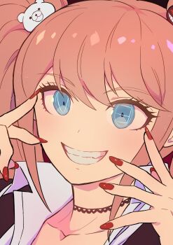 1girl absurdres bear_hair_ornament black_choker blonde_hair blue_eyes choker collarbone commentary_request danganronpa:_trigger_happy_havoc danganronpa_(series) enoshima_junko fangs grin hair_ornament hands_up highres long_hair nail_polish red_nails smile solo teeth twintails youko-shima