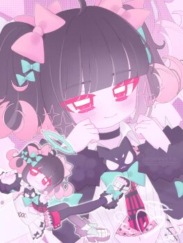 1girl black_hair black_thighhighs blunt_bangs blush bow collar colored_inner_hair dress fur-trimmed_sleeves fur_trim green_bow hair_bow halo hashtag-only_commentary highres multicolored_hair nangong_yu necktie pink_bow red_eyes red_necktie short_twintails smile solo teruteru_twinq thighhighs twintails white_dress zenless_zone_zero