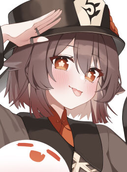 1girl alternate_hair_length alternate_hairstyle blush boo_tao_(genshin_impact) brown_hair commentary_request flower-shaped_pupils genshin_impact gya_(144) hair_between_eyes hat highres hu_tao_(genshin_impact) looking_at_viewer medium_hair red_eyes short_hair smile symbol-shaped_pupils tongue tongue_out