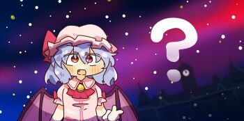 Rule 34 | 1girl, ?, bat wings, blue hair, building, chibi, commission, fang, gloves, hat, highres, lcron, light blue hair, looking at viewer, mansion, meme, night, pink shirt, pixiv commission, red eyes, red ribbon, remilia scarlet, ribbon, scarlet devil mansion, shirt, solo, torso, touhou, vampire, white gloves, wings