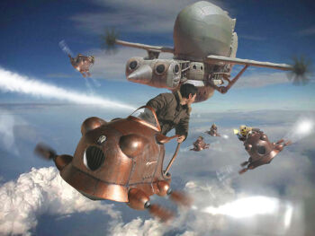 aircraft artist_self-insert cloud flapter flying gun iwasan male_focus model photo_(medium) pirate studio_ghibli tenkuu_no_shiro_laputa third-party_edit tiger_moth_(laputa) weapon