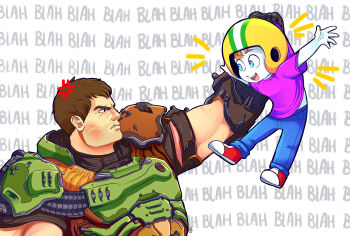 2boys age_difference american_football_helmet anger_vein armor billy_blaze blonde_hair blue_eyes brown_hair child colored_skin commander_keen commentary company_connection crossover doom_(series) doom_eternal doomguy english_commentary english_text facial_scar frown gauntlets green_armor held_up helmet highres id_software looking_at_another male_focus mininikiwi multiple_boys muscular muscular_male no_headwear notice_lines outstretched_arms praetor_suit purple_shirt red_shoes scar scar_across_eye scar_on_cheek scar_on_face scar_on_lip shirt shoes short_hair short_sleeves simple_background size_difference smile sneakers text_background time_paradox upper_body v-shaped_eyebrows very_short_hair white_background white_skin