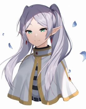 1girl absurdres capelet closed_mouth cropped_torso earrings elf frieren green_eyes highres jewelry long_hair looking_at_viewer parted_bangs pointy_ears simple_background slope_(check238) smile solo sousou_no_frieren thick_eyebrows twintails upper_body white_background white_capelet white_hair
