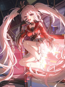 1girl absurdres black_gloves breasts commentary_request crt gloves hat highres honkai:_star_rail honkai_(series) krux_(k_krux) long_hair looking_at_viewer open_mouth purple_eyes red_shirt shirt skirt small_breasts solo sparkle_(honkai:_star_rail) sparxie_(honkai:_star_rail) through_medium through_screen tilted_headwear top_hat twintails very_long_hair white_hair white_skirt