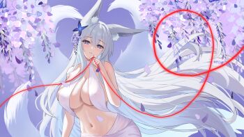 1girl absurdres alternate_costume azur_lane blue_eyes breasts cleavage commentary_request day flower hair_flower hair_ornament highres kitsune kyuubi large_breasts long_hair looking_at_viewer multiple_tails navel outdoors purple_flower shinano_(azur_lane) solo string string_of_fate tail very_long_hair white_hair white_tail yatogami96