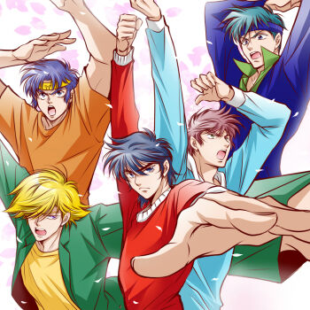 Rule 34 | 5boys, black hair, blonde hair, blue eyes, blue hair, blue shirt, date seiji, foreshortening, green jacket, hair over one eye, hashiba touma, henshin, jacket, long sleeves, looking at viewer, male focus, mouri shin, multiple boys, open mouth, orange shirt, petals, purple eyes, yoroiden samurai troopers, sanada ryou, serious, shirt, short hair, short sleeves, shue rei fuan, sisido (black candy), sunrise (company), teeth, transformation, upper body, yellow shirt, yoroiden samurai troopers