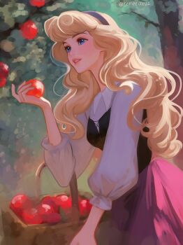 Rule 34 | 1girl, apple, artist name, aurora (disney), basket, black corset, black hairband, blonde hair, blue eyes, bush, collared shirt, commentary, corset, cowboy shot, food, forest, from side, fruit, hairband, highres, holding, holding basket, holding food, holding fruit, lips, long hair, long skirt, looking ahead, nature, outdoors, parted lips, picking fruit, princess, puffy sleeves, purple skirt, shirt, signature, skirt, sleeping beauty (disney), solo, swept bangs, tomoe (shoushou781), tree, twitter username, wavy hair, white shirt