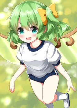 1girl :d blue_buruma blue_eyes blush bow buruma commentary_request daiyousei fairy_wings foot_out_of_frame green_background green_hair gym_uniform hair_bow highres legs looking_at_viewer one_side_up open_mouth ruu_(tksymkw) shirt shoes short_hair short_sleeves smile socks solo thighs touhou uwabaki white_shirt white_shoes white_socks wings yellow_bow