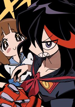 2girls absurdres black_background black_hair black_sailor_collar black_serafuku bob_cut brown_eyes brown_hair close-up fang gloves grey_eyes highres kill_la_kill looking_at_viewer mankanshoku_mako matoi_ryuuko midriff multicolored_hair multiple_girls navel neckerchief no_dickey one_eye_covered red_gloves red_neckerchief sailor_collar school_uniform senketsu serafuku sharp_teeth shoes smile sparkle_background sparkling_eyes standing streaked_hair teeth yuateheng