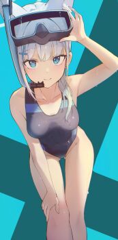 Rule 34 | 1girl, animal ear fluff, animal ears, black one-piece swimsuit, blue archive, blue eyes, breasts, commentary request, competition swimsuit, covered navel, cross hair ornament, diving mask, diving mask on head, extra ears, feet out of frame, gluteal fold, goggles, goggles on head, grey hair, hair ornament, halo, hand on own thigh, highres, kuru9763, leaning forward, low ponytail, medium breasts, medium hair, mismatched pupils, multicolored swimsuit, official alternate costume, one-piece swimsuit, ponytail, shiroko (blue archive), shiroko (swimsuit) (blue archive), snorkel, solo, swimsuit, thigh gap, wolf ears