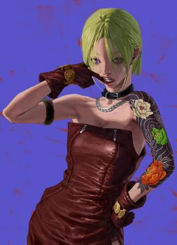 1girl arm_tattoo armlet bare_shoulders belt_collar blue_eyes chain chain_necklace choker collar commentary dress ear_piercing english_commentary fur_armlet gloves green_hair hand_on_own_hip heo_sung-moo highres jewelry leather leather_dress leather_gloves mole mole_on_cheek mole_under_mouth mouth_pull necklace nose original piercing purple_background red_dress red_gloves short_hair shoulder_tattoo tattoo teeth