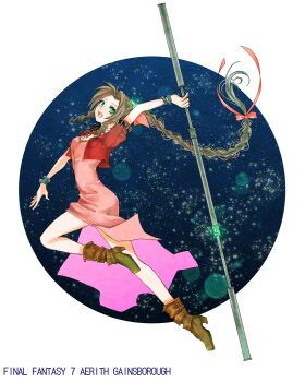 aerith_gainsborough bangle boots border bracelet braid braided_ponytail breasts brown_boots brown_hair character_name commentary_request copyright_name cropped_jacket dress final_fantasy final_fantasy_vii final_fantasy_vii:_advent_children full_body green_eyes hair_ribbon highres holding holding_staff jacket jewelry long_dress long_hair materia medium_breasts open_mouth parted_bangs pink_dress pink_ribbon red_jacket ribbon sidelocks single_braid smile staff white_border you_ameno