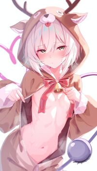 1girl 25omega25 animal_costume animal_ears antlers bell bow breasts commentary_request cowboy_shot deer_ears fake_animal_ears fake_antlers green_eyes hair_between_eyes heart heart_of_string highres hood hood_up horns komeiji_koishi looking_at_viewer naked_costume navel neck_bell red_bow reindeer_antlers reindeer_costume short_hair simple_background small_breasts solo steaming_body stomach sweat third_eye touhou white_background