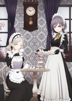2girls ;) alternate_costume analog_clock apron black_dress black_gloves black_ribbon blue_eyes breasts cake cake_slice ceras_yanagida_lilienfeld chair clock closed_mouth commentary_request creamer_(vessel) cup dress enmaided feet_out_of_frame food food_request frilled_apron frills fruit gloves green_ribbon grey_hair grin hair_ornament highres holding holding_cup holding_tray indoors juliet_sleeves katsuragi_izumi link!_like!_love_live! long_dress long_hair long_sleeves looking_at_viewer love_live! maid maid_apron maid_headdress medium_breasts multiple_girls neck_ribbon on_chair one_eye_closed orange_ribbon pendulum puffy_sleeves red_eyes ribbon satolive20 sitting slit_pupils smile standing strawberry strawberry_shortcake swept_bangs table teacup tiered_tray tray triangle_hair_ornament waist_apron wall_clock window wolf_cut