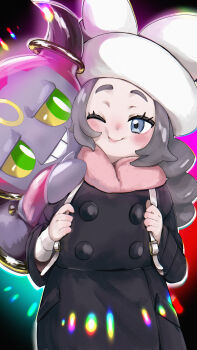1girl :t absurdres ansha_(pokemon) black_coat blush closed_mouth coat commentary_request eyelashes gen_6_pokemon grey_eyes hat highres holding_strap hoopa hoopa_(confined) legendary_pokemon long_hair mythical_pokemon nintendo nukunukupokapoka one_eye_closed pink_scarf pokemon pokemon_(creature) pokemon_legends:_z-a scarf shirt smile white_hat white_shirt