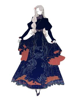 1girl :o alternate_costume alternate_hairstyle black_dress blue_dress blue_shoes braid commentary dress expressionless full_body gradient_clothes gradient_dress grey_eyes grey_hair highres long_hair long_sleeves looking_at_viewer print_dress shoes skirt_hold solo touhou twin_braids white_background yagokoro_eirin zenritsu