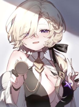 blonde_hair braid breasts cleavage coronis_(stella_sora) purple_eyes scissors smile stella_sora stethoscope