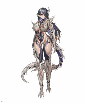 1girl absurdres arms_at_sides black_hair blue_eyes breasts claws colored_inner_hair ddknai dragon_girl dragon_horns dragon_tail fantasy full_body hair_over_one_eye highres horns large_breasts mole mole_under_eye multicolored_hair original pointy_ears purple_hair single_horn smile solo tail two-tone_hair white_background