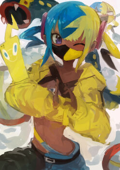 1girl absurdres bandeau belt black_belt black_mask black_pants blonde_hair blue_hair blue_pants canari_(pokemon) commentary cropped_jacket dark-skinned_female dark_skin eelektross gen_4_pokemon gen_5_pokemon highres hood hood_down hooded_jacket jacket kaamin_(mariarose753) long_sleeves looking_at_viewer mask midriff mouth_mask multicolored_hair navel nintendo one_eye_closed open_clothes open_jacket pants pokemon pokemon_(creature) pokemon_legends:_z-a purple_eyes rotom rotom_phone short_twintails split-color_hair twintails two-tone_hair two-tone_mask two-tone_pants yellow_bandeau yellow_jacket yellow_mask