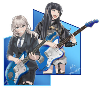 2girls belt black_belt black_choker black_eyes black_hair black_nails black_shirt black_shorts blue_necktie choker commentary_request ear_piercing electric_guitar fantasy6gp677 fender_jazzmaster garter_straps girls_band_cry grey_eyes grey_hair guitar guitar_strap highres instrument kawaragi_momoka long_hair multicolored_hair multiple_girls music nail_polish necktie piercing playing_guitar playing_instrument real_life roots_(hair) shirt shorts sidelocks striped_necktie voice_actor voice_actor_connection yuri_(voice_actor)