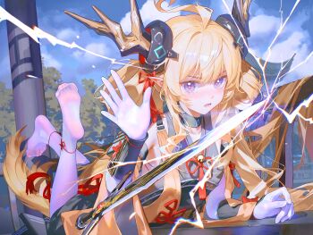 1girl absurdres ahoge arknights black_dress blonde_hair blue_sky blush cloud commentary dress embarrassed feet full_body gloves haori highres horn_ornament horns japanese_clothes lawsky leizi_(arknights) leizi_the_thunderbringer_(arknights) lightning long_hair looking_at_viewer lying no_shoes on_stomach open_mouth outdoors pantyhose pointy_ears purple_eyes railing see-through_pantyhose sky soles solo the_pose toes tree utility_pole very_long_hair white_gloves white_pantyhose yellow_haori