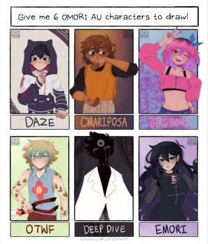 2girls 4boys ;d absurdres alternate_breast_size_(smaller) alternate_hair_length_(shorter) alternate_universe androgynous antenna_hair arm_tattoo arm_up arm_warmers artist_name aubrey_(faraway)_(omori) aubrey_(omori) bags_under_eyes bare_arms bare_shoulders basil_(faraway)_(omori) basil_(omori) black_arm_warmers black_background black_bra black_dress black_eyes black_gloves black_hair black_hood black_shirt black_skin blonde_hair blue_background blue_eyes blue_hairband blue_nails blue_pants blue_shirt blush border bow_hairband bra breasts bright_pupils brother_and_sister brothers brown_eyes brown_hair brown_pants bug butterfly butterfly_hair_ornament closed_mouth coat collared_shirt colored_inner_hair colored_skin colored_tips commentary contrapposto copyright_name covering_own_mouth cowboy_shot crop_top cropped_jacket cross cross_print crying crying_with_eyes_open dark-skinned_male dark_skin denim double-parted_bangs drawstring dress ear_piercing earrings emori_(shrimperini) empty_eyes english_commentary english_text fingerless_gloves fingernails fishnet_top fishnets flat_chest flipped_hair floral_print_shirt frown gardening_shears gloves green_streaks grey_background grey_pupils grid_background hair_behind_ear hair_between_eyes hair_ornament hairband hand_on_own_chest hand_on_own_chin hands_up hatching_(texture) hero_(faraway)_(omori) hero_(omori) highres holding hood hood_up hoodie insect jacket jeans jewelry kel_(faraway)_(omori) kel_(omori) lapels layered_sleeves leaf_tattoo light-skinned_palms lips long_sleeves looking_at_viewer looking_down looking_to_the_side mari_(faraway)_(omori) mari_(omori) medium_hair mewo midriff multicolored_hair multiple_boys multiple_drawing_challenge multiple_girls nail_polish navel no_pupils omariposa omori one_eye_closed open_mouth orange_background orange_butterfly orange_sweater_vest otomerson outside_border pants piercing pink_hair pink_jacket pocket puffy_long_sleeves puffy_sleeves purple_background raised_inner_eyebrows red_pants ribs roots_(hair) see-through_clothes see-through_shirt shears shirt shirt_tucked_in short_hair short_over_long_sleeves short_sleeves shoulder_tattoo siblings sidelocks simple_background six_fanarts_challenge sleeveless sleeveless_dress sleeveless_shirt small_breasts smile something_(omori) standing straight-on streaked_hair striped_arm_warmers stud_earrings sunny_(omori) sweater_vest tattoo tears third_eye three-quarter_sleeves tsurime turning_head two-tone_hair underwear upper_body v v-shaped_eyebrows white_border white_coat white_eyes white_hoodie white_pupils white_shirt zipper