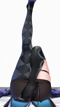 1girl 404_(pixiv_94263879) argyle_clothes argyle_pantyhose black_hair black_skirt black_thighhighs blue_hair colored_inner_hair commentary high_heels highres hololive hololive_english leg_focus leg_up lying multicolored_hair nerissa_ravencroft nerissa_ravencroft_(1st_costume) on_back pantyhose single_leg_pantyhose single_thighhigh skindentation skirt solo symbol-only_commentary thigh_strap thighhighs virtual_youtuber white_background