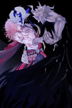 2boys arm_tattoo armlet black_background black_cloak black_coat blonde_hair chest_tattoo clawed_gauntlets cloak coat commentary_request cracked_skin flame_reaver_of_the_deepest_dark from_side gold_necklace gradient_hair hand_on_another&#039;s_hip hand_on_another&#039;s_waist highres holding_hands honkai:_star_rail honkai_(series) jewelry lii_litus male_focus medium_hair multicolored_hair multiple_boys mydei_(honkai:_star_rail) necklace open_clothes open_coat phainon_(honkai:_star_rail) red_hair short_hair simple_background tattoo vietnamese_commentary white_hair yaoi