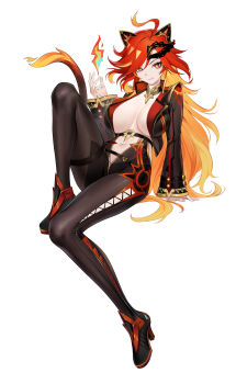 1girl absurdres adapted_costume arm_support black_jacket black_pants breasts cat_tail closed_mouth fire full_body genshin_impact hand_up high_heels highres jacket janload1ng large_breasts long_hair long_sleeves looking_at_viewer mavuika_(genshin_impact) multicolored_hair navel no_bra open_clothes open_jacket orange_hair pants red_eyes red_hair simple_background sitting smile solo tail very_long_hair white_background