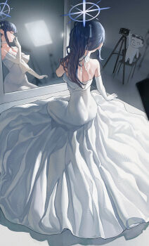 1boy 1girl absurdres blue_archive blue_hair blue_halo chair choker closed_eyes doodle_sensei_(blue_archive) dress elbow_gloves gloves guanglong_xiushan halo highres indoors long_hair looking_at_another mirror on_chair ponytail saori_(blue_archive) saori_(dress)_(blue_archive) sensei_(blue_archive) smile standing white_choker white_dress white_gloves