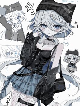 1girl alternate_costume bag beanie belt black_belt black_camisole black_hat black_jacket blue_skirt blush camisole chibi chibi_inset collar commentary cowboy_shot cross cross_necklace eyelashes fishnet_pantyhose fishnets furina_(genshin_impact) genshin_impact grey_hair hair_between_eyes hair_ornament hairclip hand_in_own_hair hand_up hat heterochromia jacket jewelry looking_at_viewer medium_hair mirasan_x multiple_views necklace one_eye_closed open_clothes open_jacket open_mouth pantyhose plaid_clothes plaid_skirt shoulder_bag skirt spiked_collar spikes star_(symbol) star_hair_ornament symbol-only_commentary thigh_strap v x_hat_ornament