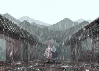 2girls architecture blue_dress blue_hair boots commentary_request dress east_asian_architecture from_behind fujiwara_no_mokou hair_ribbon human_village_(touhou) kamishirasawa_keine locked_arms long_hair mountainous_horizon mud multiple_girls oil-paper_umbrella overcast pants partial_commentary pink_hair puddle puffy_short_sleeves puffy_sleeves rain red_pants ribbon rubber_boots shared_umbrella shirt short_sleeves sky sunnysideup touhou umbrella very_long_hair walking_away white_shirt wide_shot yuri
