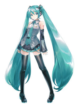 1girl absurdly_long_hair absurdres aqua_eyes aqua_hair aqua_nails aqua_necktie aqua_trim arm_tattoo bare_shoulders black_sleeves boots breasts collared_shirt detached_sleeves full_body grey_shirt hair_between_eyes hair_ornament hamuna_(hamuna_86) hatsune_miku headphones highres long_hair long_sleeves medium_breasts miniskirt necktie number_tattoo pleated_skirt shirt simple_background skirt sleeveless sleeveless_shirt sleeves_past_wrists solo standing tattoo thigh_boots thighhighs twintails very_long_hair vocaloid white_background zettai_ryouiki