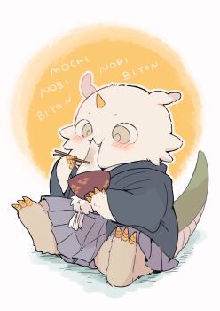 1other anoko_(chiikawa) black_kimono bowl chibikemo chiikawa chopsticks commentary_request eating food furry hakama hakama_skirt highres holding holding_bowl holding_chopsticks horns japanese_clothes kimono mochi nagasode_(nagasode0123) romaji_text single_horn sitting skirt solo sound_effects yellow_background