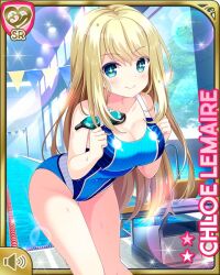 Rule 34 | 1girl, blonde hair, blue eyes, blue one-piece swimsuit, breasts, character name, chloe lemaire, closed mouth, day, girlfriend (kari), indoor pool, indoors, leaning forward, long hair, official art, one-piece swimsuit, pool, qp:flapper, school swimsuit, solo, swimsuit