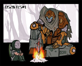 1other ambiguous_gender armor bearer_of_the_curse bonfire_(dark_souls) chainmail character_request commentary crossover dark_souls_(series) dark_souls_ii fire forest full_body kanon_(rsl) mask masked mecha nature robot rodimus rodimus_prime shield shield_on_back sitting transformers