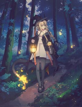 1girl arknights arm_at_side black_bow black_jacket black_necktie black_pantyhose black_shoes blonde_hair book bookmark bow braid breasts collared_dress diagonal-striped_clothes diagonal-striped_necktie dragon_girl dragon_horns dragon_tail dress dusk earclip earrings ev-oo fire flame-tipped_tail footwear_bow forest full_body green_eyes hair_bow hat highres holding holding_lantern horns jacket jewelry lantern long_hair long_sleeves looking_to_the_side medium_breasts nature necktie off_shoulder official_alternate_costume pantyhose path reed_(arknights) reed_the_flame_shadow_(arknights) reed_the_flame_shadow_(curator)_(arknights) road shoes single_sleeve_past_wrist solo striped_clothes striped_necktie tail walking white_dress witch_hat