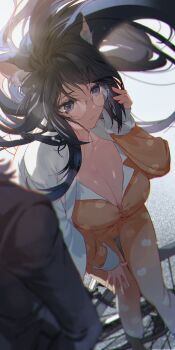 1boy 1girl absurdres adjusting_eyewear animal_ears araragi_koyomi bakemonogatari bicycle black_hair cat_ears dotori_(seulseul) glasses hand_on_eyewear hanekawa_tsubasa highres leaning_forward long_hair monogatari_(series) naoetsu_high_school_uniform orange_pajamas pajamas purple_eyes school_uniform