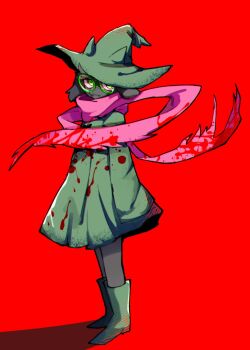 1boy blood blood_on_clothes boots chokaso commentary_request deltarune fangs furry furry_male glasses goat_boy goat_horns green-framed_eyewear green_boots green_eyes green_hat hat highres horns looking_at_viewer pink_scarf pink_scrunchie ralsei red_background scarf scrunchie simple_background skin_fangs solo standing third-party_source utdr_(toby_fox)