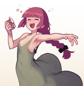 1girl absurdres alcohol_carton armpits bocchi_the_rock! braid braided_ponytail closed_eyes commentary dress drink_carton drunk english_commentary green_dress highres hiroi_kikuri holding holding_drink_carton long_hair open_mouth piku184 sharp_teeth simple_background single_braid solo teeth white_background