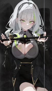 1girl absurdres against_glass ascot black_ascot black_background black_hairband black_jacket black_skirt breast_press breasts breasts_on_glass cane center_opening cleavage closed_mouth commentary firenze_(stella_sora) furrowed_brow gem gjz1227 glass gold_trim green_eyes green_gem green_streaks grey_hair grey_shirt hair_intakes hairband hands_up highres holding holding_cane jacket lace-trimmed_hairband lace_trim large_breasts long_hair long_sleeves looking_at_viewer multicolored_hair partially_open_shirt shirt sidelocks skirt sleeves_past_wrists solo standing stella_sora streaked_hair thighs very_long_hair wavy_hair