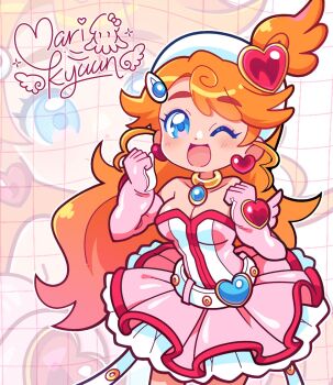 1girl ;d alternate_costume artist_name artist_self-insert bare_shoulders belt beret blue_eyes blue_gemstone blush breasts character_background choker cleavage clenched_hands collarbone colored_eyelashes commentary cowboy_shot curly_hair cyber_fashion dress earrings elbow_gloves english_commentary frilled_dress frills gem gloves gold_choker grid_background hair_ornament hairclip hands_up hat heart heart_belt heart_earrings heart_hair_ornament highres indie_virtual_youtuber jewelry long_belt long_hair looking_at_viewer magical_girl marikyuunn marikyuunn_(vtuber) marikyuunn_(cyber_cupid)_(vtuber) medium_breasts official_alternate_costume one_eye_closed one_side_up open_mouth orange_hair pink_dress pink_gloves short_dress signature sleeveless sleeveless_dress smile solo standing strapless strapless_dress tareme thick_eyebrows very_long_hair virtual_youtuber white_belt white_hat