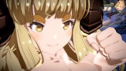 2girls 3d anila_(granblue_fantasy) animated aqua_eyes blonde_hair breasts fighting granblue_fantasy granblue_fantasy_versus:_rising highres horns multiple_girls nipples nude nude_filter nude_mod outdoors polearm sheep sound spear tagme third-party_edit twintails video weapon yellow_eyes zeta_(granblue_fantasy)