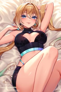 1girl ahoge artist_name blonde_hair blue_eyes blue_eyeshadow blue_nails breasts earrings eyeshadow gradient_hair green_hair grey_hair highres indie_virtual_youtuber jewelry lying makeup multicolored_hair newmoonshira on_back patreon_username planya_(vtuber) solo star_(symbol) star_earrings tongue tongue_out twitter_username virtual_youtuber