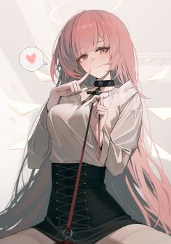 1girl absurdres arknights black_collar black_skirt breasts collar commentary_request cross detached_wings halo heart high-waist_skirt highres holding holding_leash large_breasts leash lemuen_(arknights) long_hair long_sleeves looking_at_viewer pink_hair pov revision shirt shirt_tucked_in shokuyou_koori skirt smile solo spoken_heart traditional_halo viewer_on_leash white_shirt wings